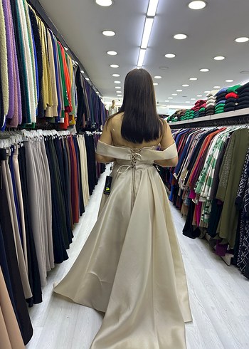 Bej Drapeli Uzun Abiye Elbise - Görsel 3