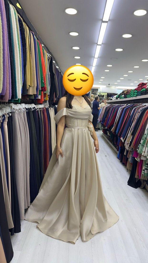 Bej Drapeli Uzun Abiye Elbise - Görsel 2