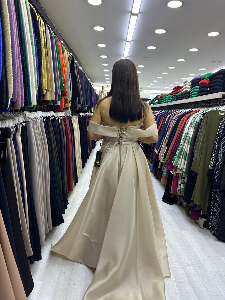 Bej Drapeli Uzun Abiye Elbise - Görsel 3