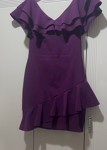 Mor V Yaka Fırfırlı Midi Abiye Elbise - Görsel 2