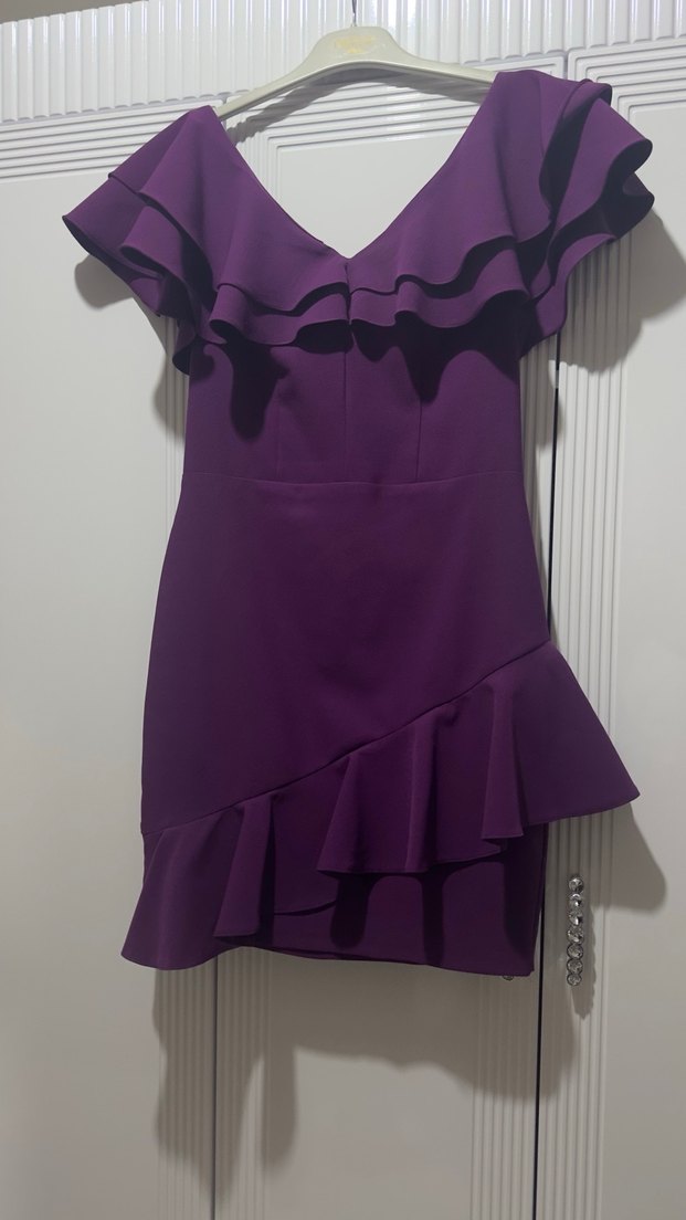 Mor V Yaka Fırfırlı Midi Abiye Elbise - Görsel 2