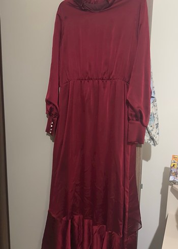 Bordo Uzun Kollu Fırfırlı Uzun Elbise - Görsel 2