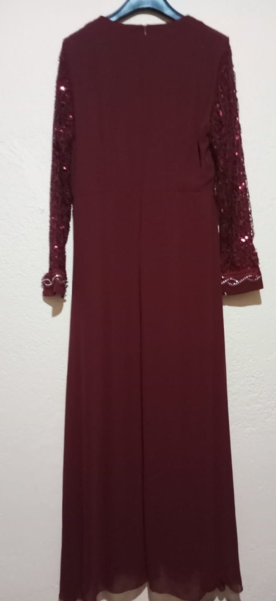 Bordo Dantel İşlemeli Uzun Abiye Elbise - Görsel 2