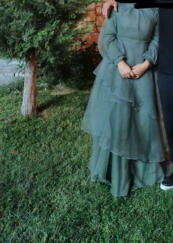 Abiye Yeşil Drapeli Tüllü Uzun Kadın Abiye Elbise
