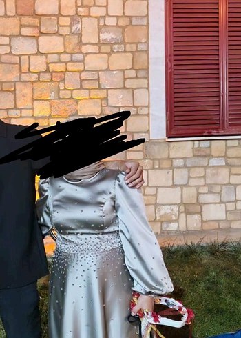 Gri vizon Uzun Abiye Elbise