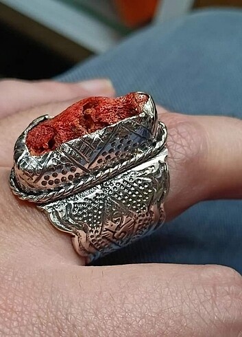 Doğal ham orjinal kırmızı mercan el yapımı gümüş yüzük. - Görsel 5