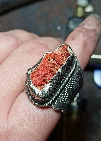 Doğal ham orjinal kırmızı mercan el yapımı gümüş yüzük. - Görsel 6