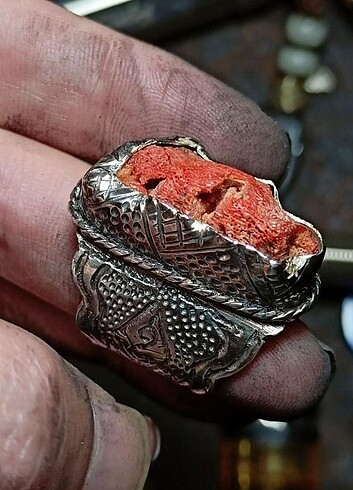 Doğal ham orjinal kırmızı mercan el yapımı gümüş yüzük. - Görsel 7