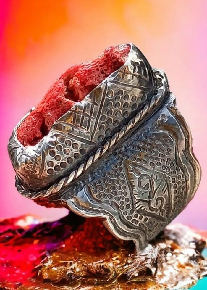 Doğal ham orjinal kırmızı mercan el yapımı gümüş yüzük. - Görsel 2