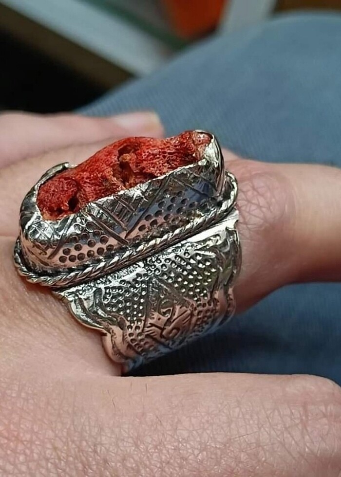 Doğal ham orjinal kırmızı mercan el yapımı gümüş yüzük. - Görsel 5
