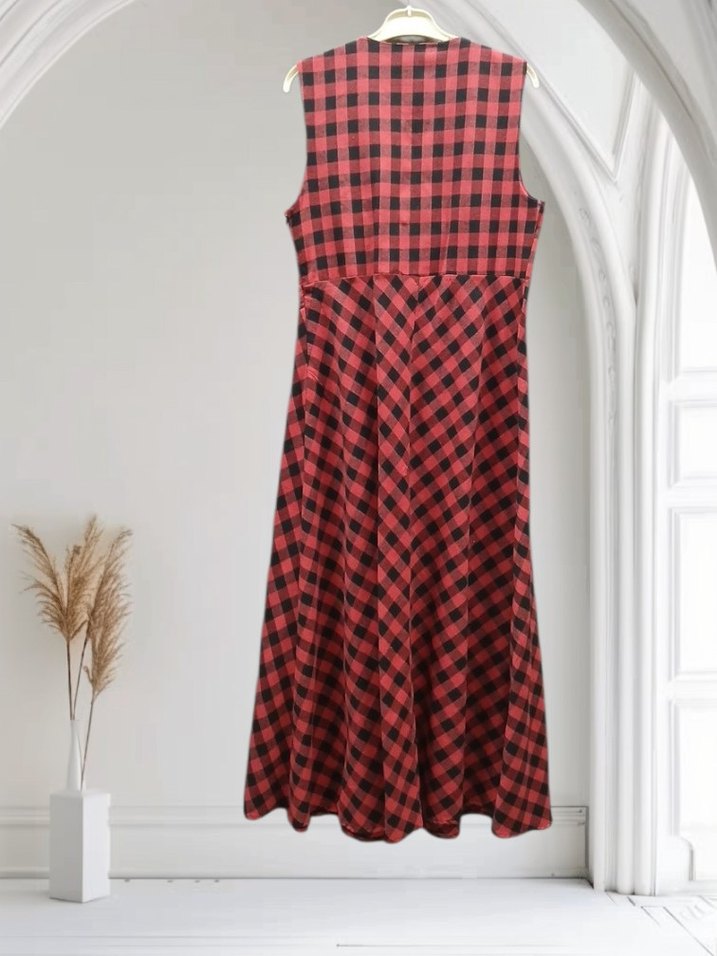 Kırmızı Ekose Desenli V Yakalı Uzun Elbise - Görsel 3