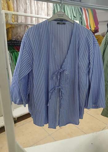 Kadın Mavi Çizgili Salaş Kimono
