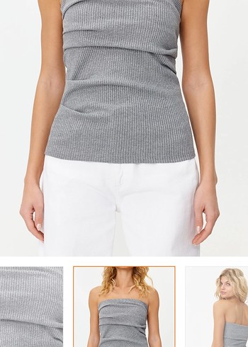 Gri Straplez Keten Kadın Bluz - Görsel 5