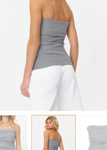 Gri Straplez Keten Kadın Bluz - Görsel 6