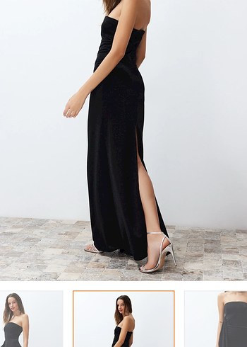 Siyah Drapeli Straplez Uzun Elbise - Görsel 2