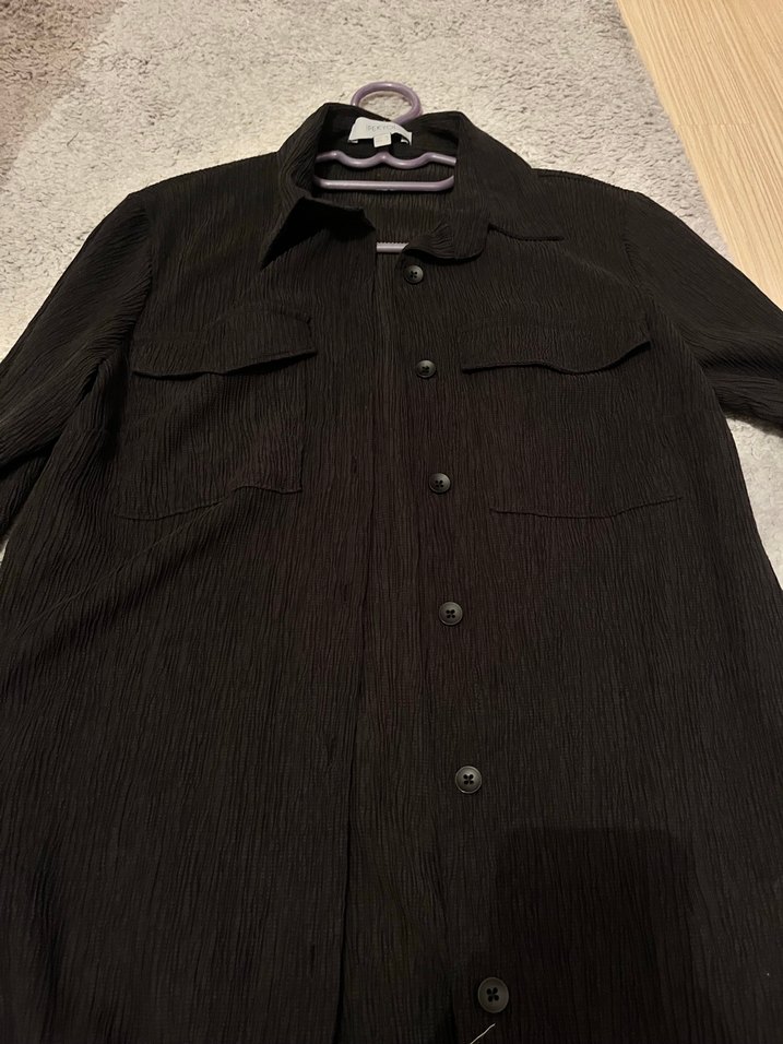 Düğmeli Siyah Keten Uzun Kollu Kadın Gömlek - Görsel 2