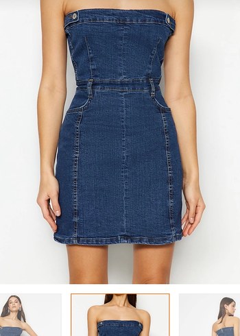 Mavi Straplez Jean Mini Elbise - Görsel 4