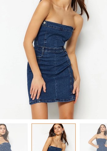 Mavi Straplez Jean Mini Elbise - Görsel 2
