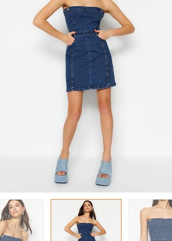 Mavi Straplez Jean Mini Elbise - Görsel 3
