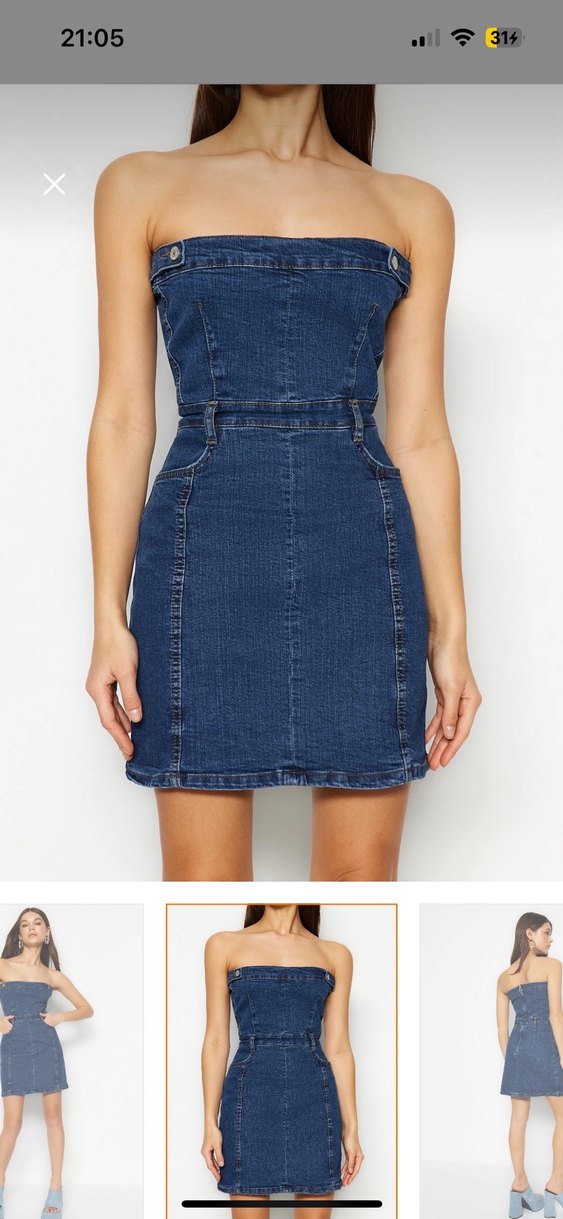 Mavi Straplez Jean Mini Elbise - Görsel 4