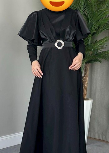 Siyah Uzun pelerin kol parlak Kadın Abiye Elbise bir kere giydim - Görsel 3