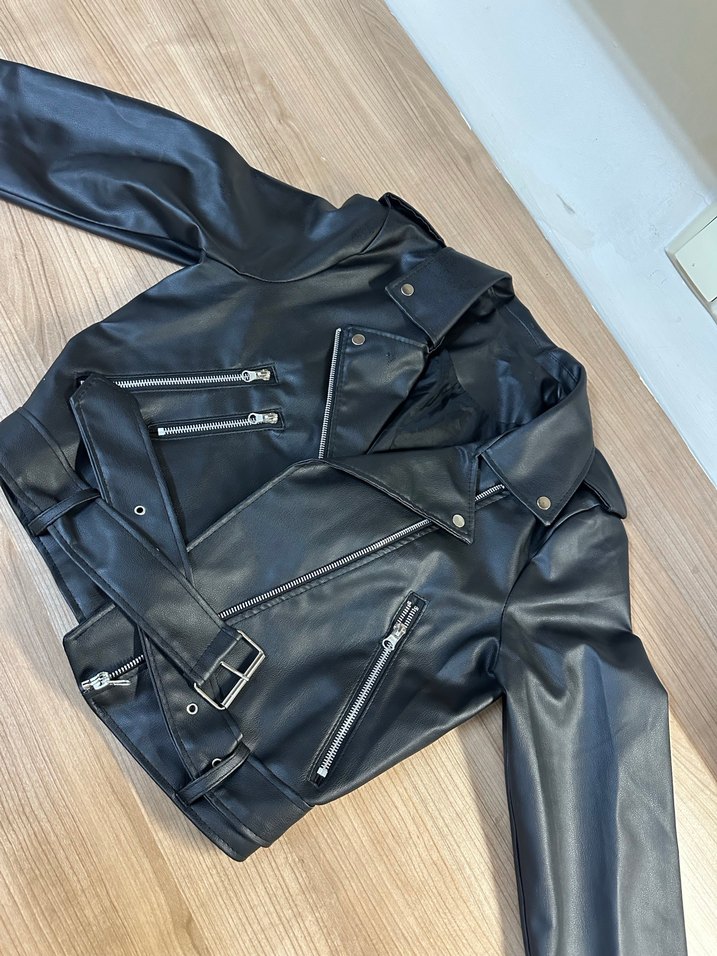Kadın Siyah Kemerli Mini Deri Biker Ceket - Görsel 2