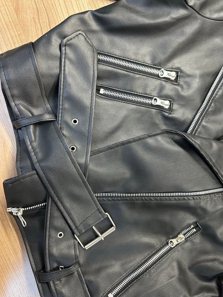 Kadın Siyah Kemerli Mini Deri Biker Ceket - Görsel 3