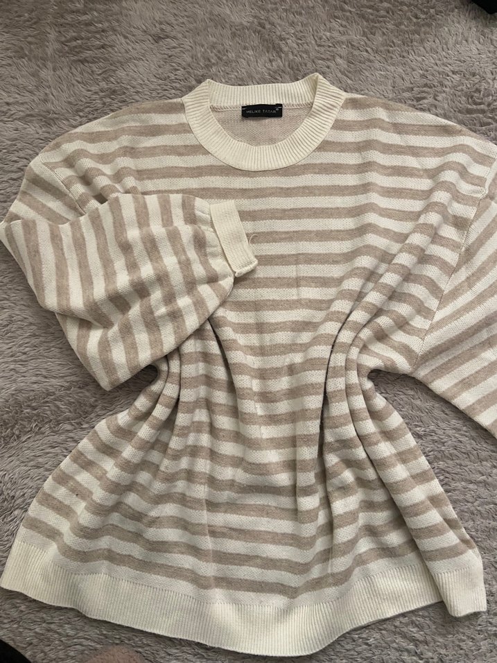 Bej Çizgili Örgü Kadın Kazak - Görsel 2