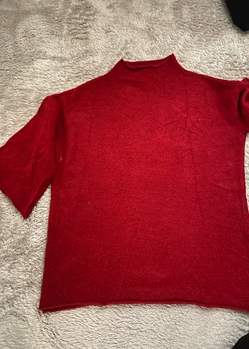 Kırmızı Örgü Yün Kadın Kazak - Görsel 2