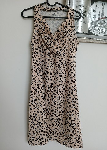 Bej V Yaka Drapeli Midi Elbise Leopar