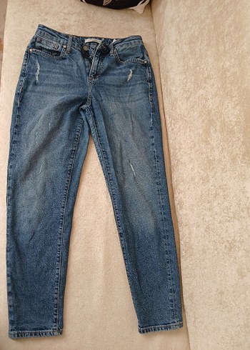 Gri Tokalı Mavi Kadın Denim Pantolon