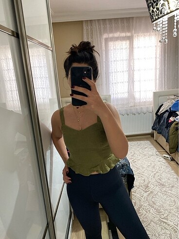 Haki keten crop bluz