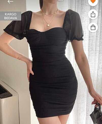 Drapeli Balon Kol Siyah Elbise