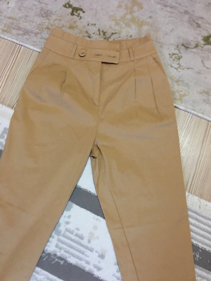 Bej Düğmeli Kadın Midi Kumaş Pantolon - Görsel 2