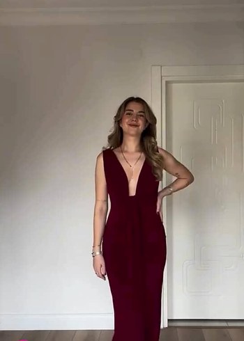 Bordo V Yaka Drapeli Midi Elbise