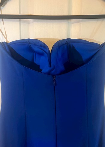 Uzun çivit mavi Straplez Kadın Abiye Elbise - Görsel 3