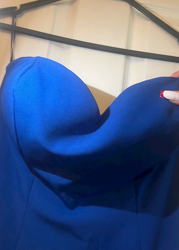 Uzun çivit mavi Straplez Kadın Abiye Elbise - Görsel 6