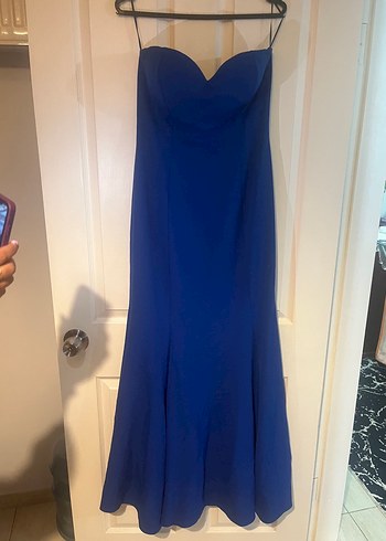 Uzun çivit mavi Straplez Kadın Abiye Elbise - Görsel 2