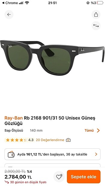  Beden siyah Renk Ray-Ban Siyah Güneş Gözlüğü