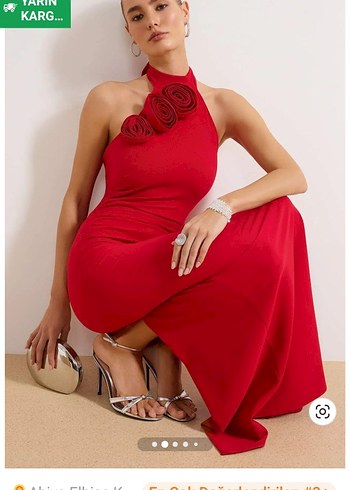 Trendyol & Milla Kirmizi Halter Yaka Cicekli Uzun Elbise