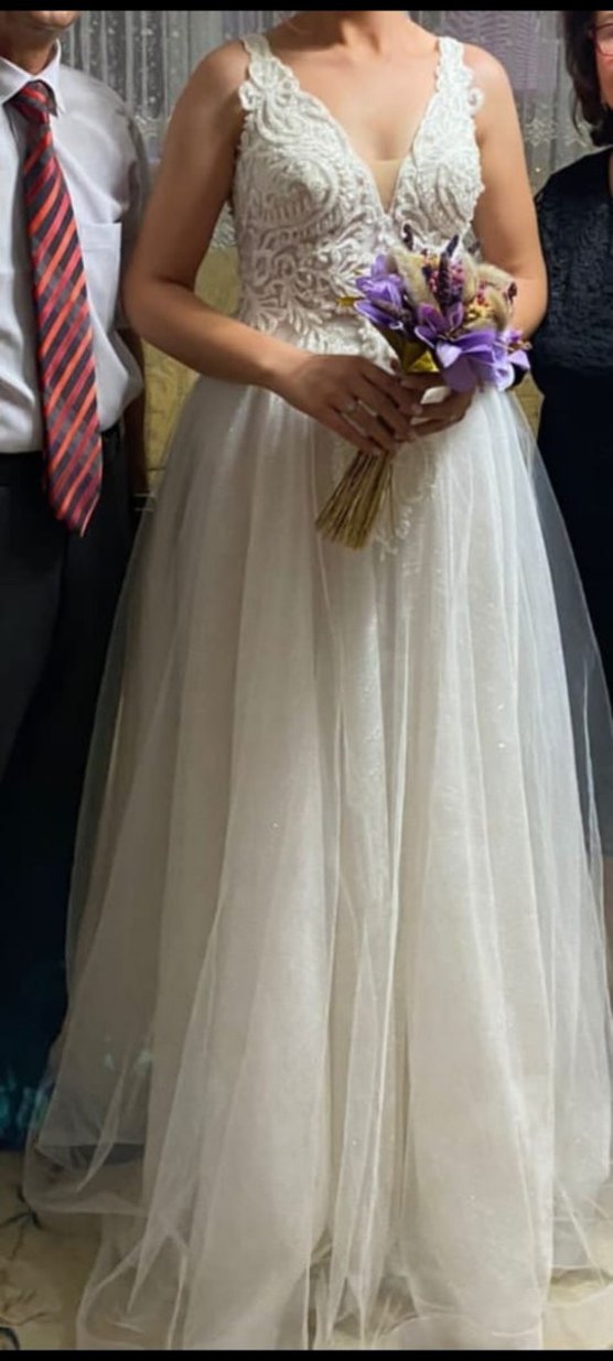 V Yaka A Kesim Beyaz Midi Gelinlik - Görsel 3