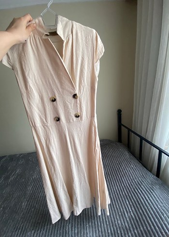 Bej Keten Düğmeli Midi Elbise - Görsel 2