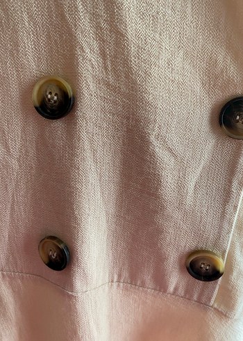 Bej Keten Düğmeli Midi Elbise - Görsel 3