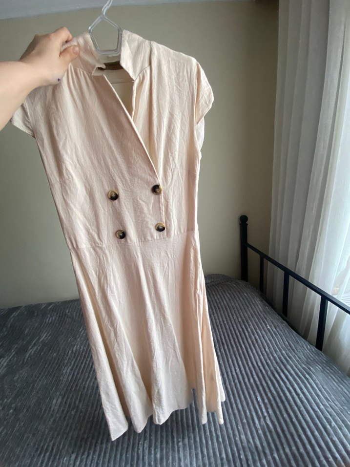 Bej Keten Düğmeli Midi Elbise - Görsel 2