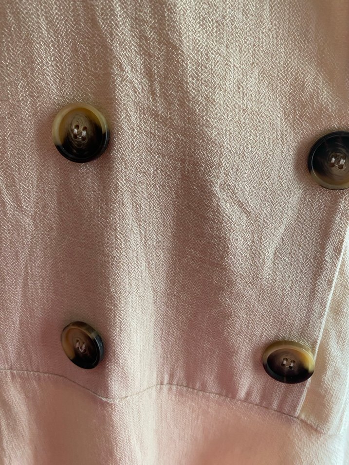 Bej Keten Düğmeli Midi Elbise - Görsel 3