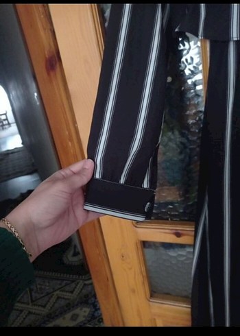 Siyah Çizgili Uzun Kollu Piliseli Elbise - Görsel 4