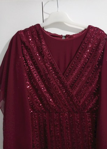 xl Beden Bordo Uzun Kollu İşlemeli Abiye Elbise