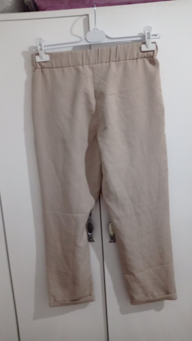 Bej Kemerli Kadın Keten Bol Paça Pantolon - Görsel 3