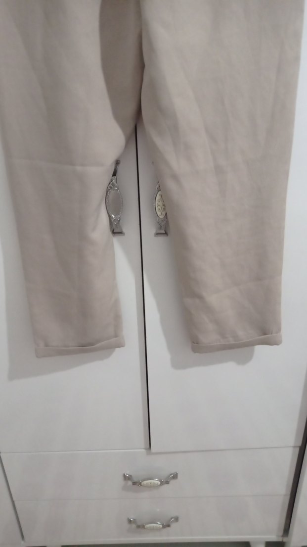 Bej Kemerli Kadın Keten Bol Paça Pantolon - Görsel 4