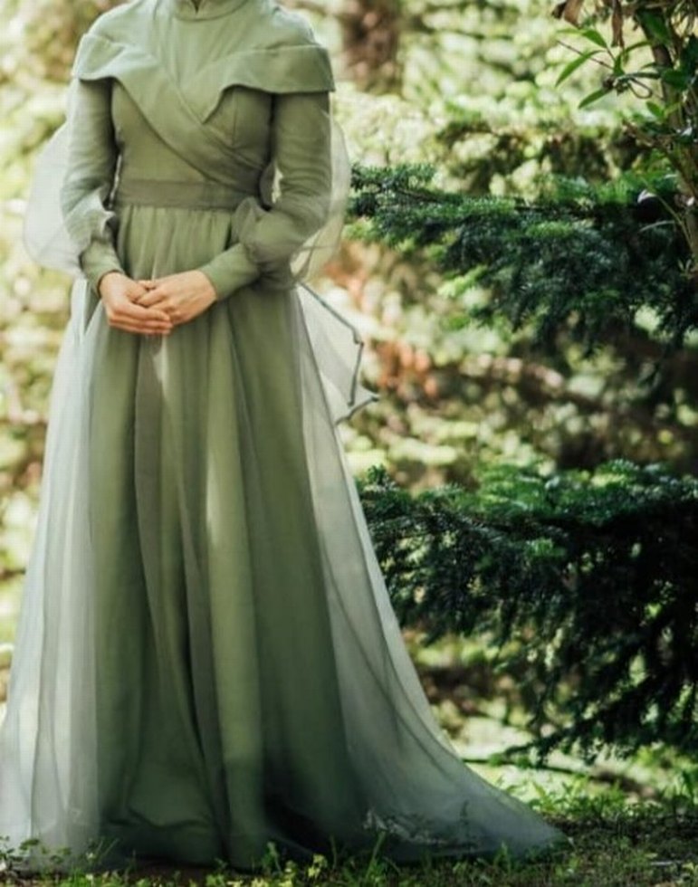 Drapeli Uzun Kollu Yüksek Yakalı Kadın Elbise - Görsel 3